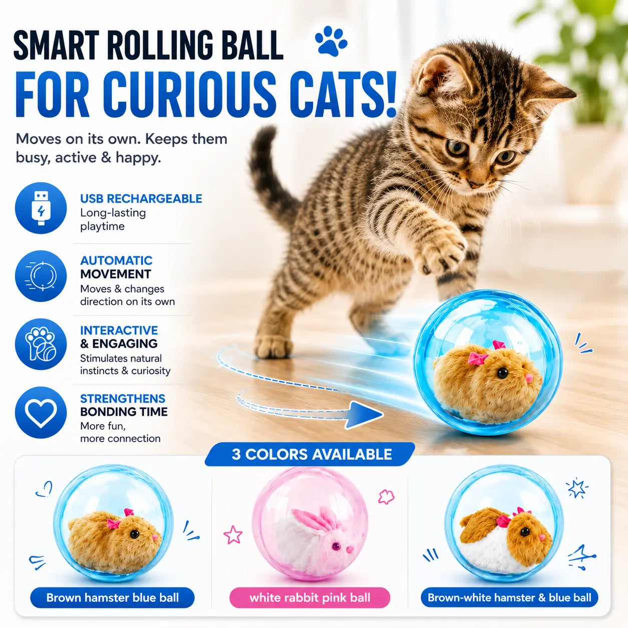 Smart Cat Toy: USB Rechargeable Auto-Rolling Ball with Hands-Free Play for Indoor Cats